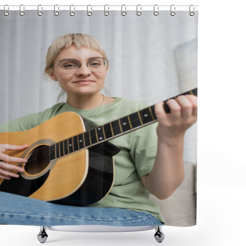 Personality  Happy Young Woman In Glasses With Bangs Playing Acoustic Guitar And Sitting On Comfortable Couch In Modern Living Room, Learning Music, Skill Development, Music Enthusiast  Shower Curtains