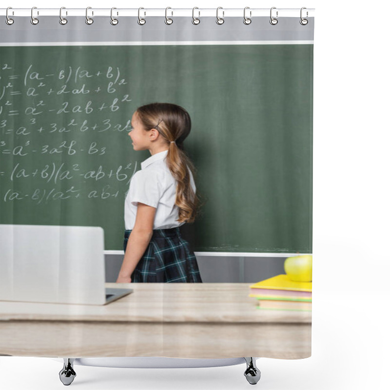 Personality  Schoolgirl Standing Near Chalkboard With Equations And Desk With Laptop  Shower Curtains