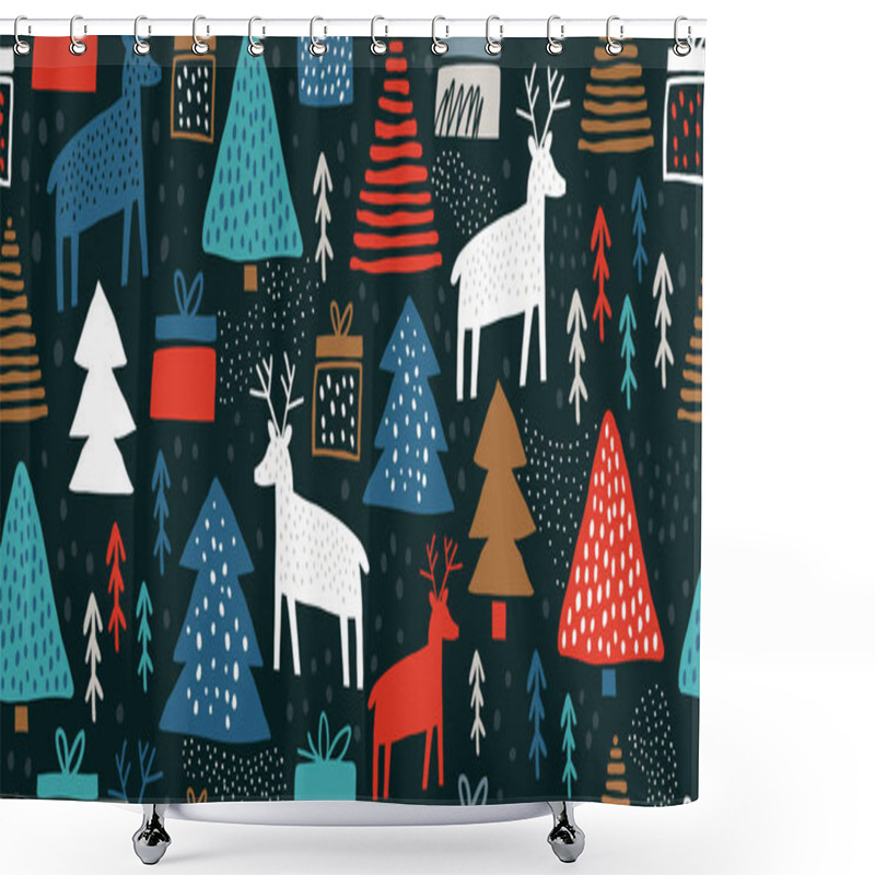 Personality  Childish Seamless Pattern With Deers And Pines Shower Curtains