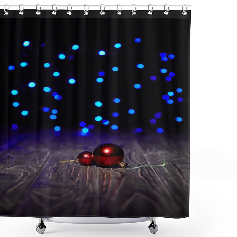 Personality  Red Christmas Balls On Wooden Table With Blue Sparkling Background Shower Curtains