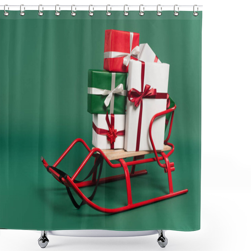 Personality  Gifts With Bows On Sleigh On Green Background  Shower Curtains