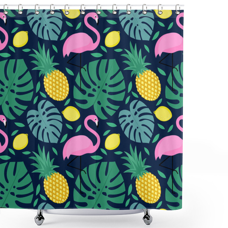 Personality  Seamless Pattern With Flamingo, Pineapple, Lemon And Green Palm Leaves Shower Curtains