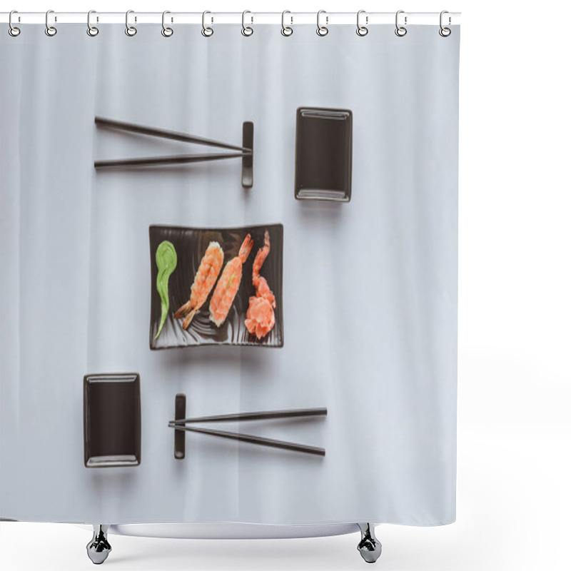 Personality  Top View Of Gourmet Sushi With Shrimp, Ginger And Wasabi Isolated On White  Shower Curtains