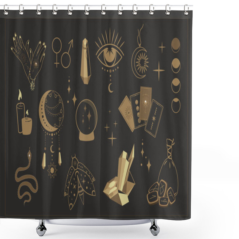 Personality  Magic Symbols Collection Set.Esoteric,Mysterious Boho Mystical Elements,magic Witchcraft Crystals,eye,moon,tarot Cards,runes Vector Illustration Icons On Black Background. Esoteric,witchcraft Magician Shower Curtains