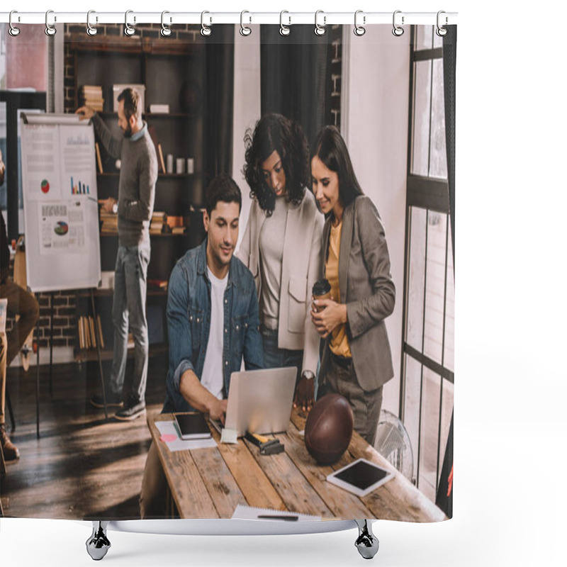 Personality  Enthusiastic Casual Businesspeople Using Laptop And Working Together In Loft Office Shower Curtains