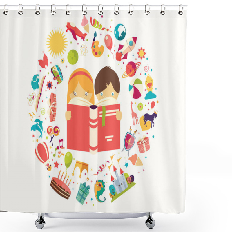 Personality  Imagination Concept, Boy And Girl Reading A Book Objects Flying Out, Vector Illustration Shower Curtains