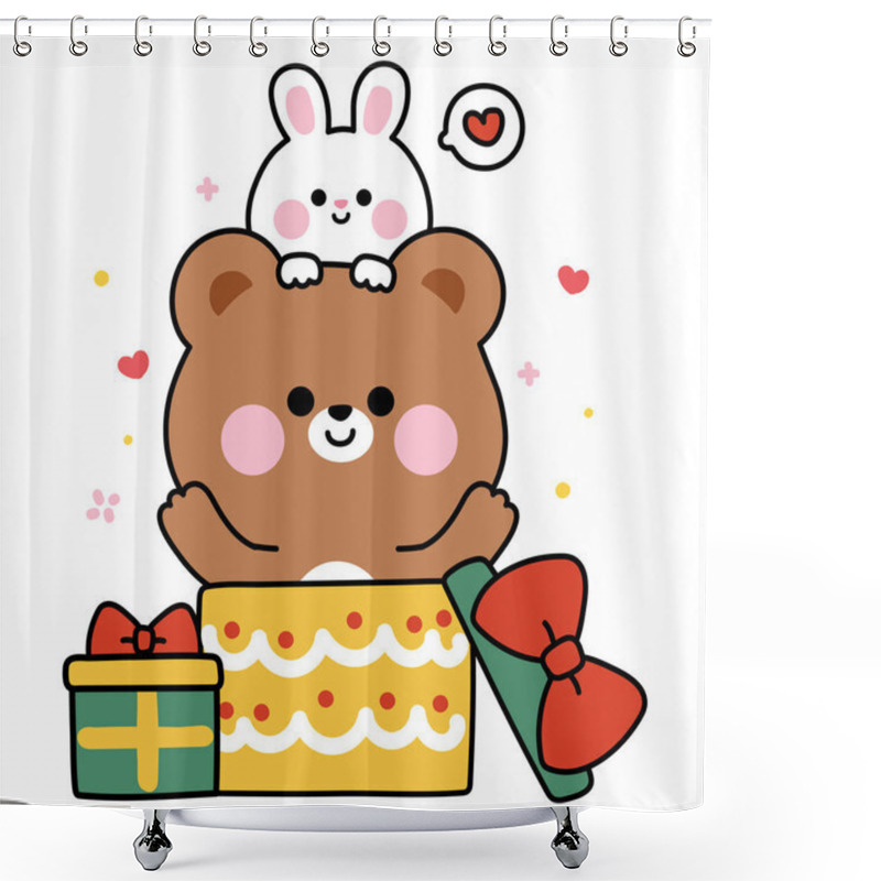 Personality  Cute Teddy Bear And Rabbit Bunny Stay In Bow Gift Box.Heart.Surprised.Presents.Birthday.Celebrated.Party.Wild And Rodent Animal Character Cartoon.Kawaii.Vector.Illustration. Shower Curtains