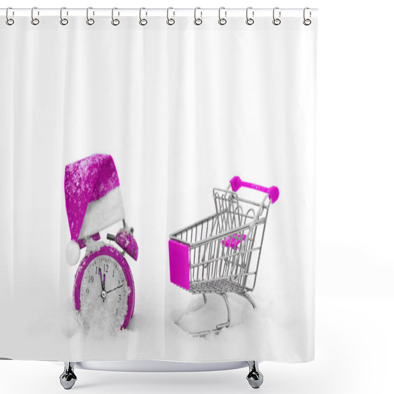 Personality  Shopping Cart And Alarm Clock On The Snow. Last Minutes Of Christmas Sale. Countdown To The End Of Discounts. Hurry Up For Gifts. Preparing For The Holiday. Special Offers. Have Time To Buy. Shower Curtains