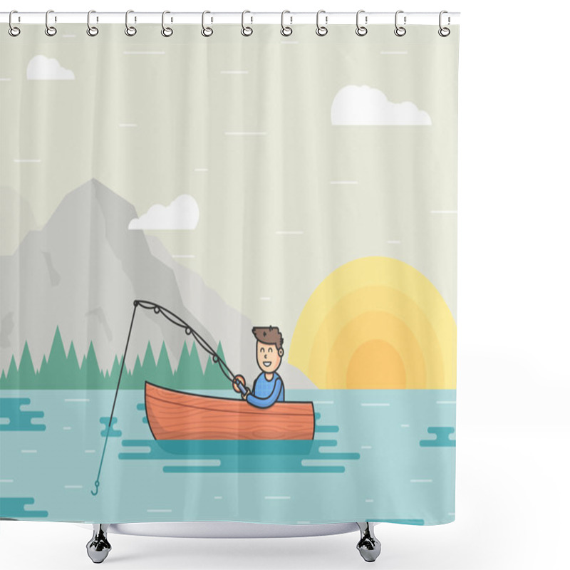 Personality  Vector Illustration Of A Fisherman And Boat On The Lake. Summertime At Open Air. Fishing Concept Shower Curtains