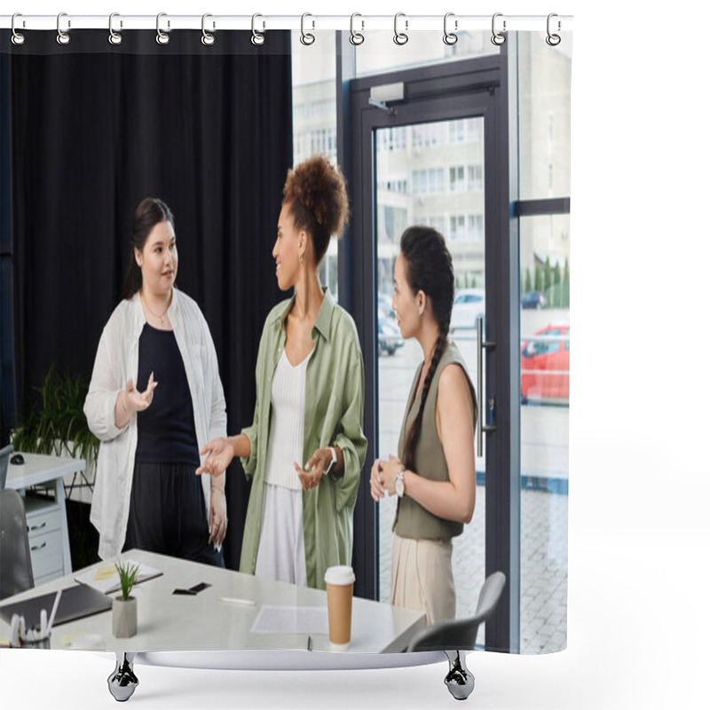 Personality  Three Poised Businesswomen Engage In An Inspiring Discussion In A Contemporary Office. Shower Curtains