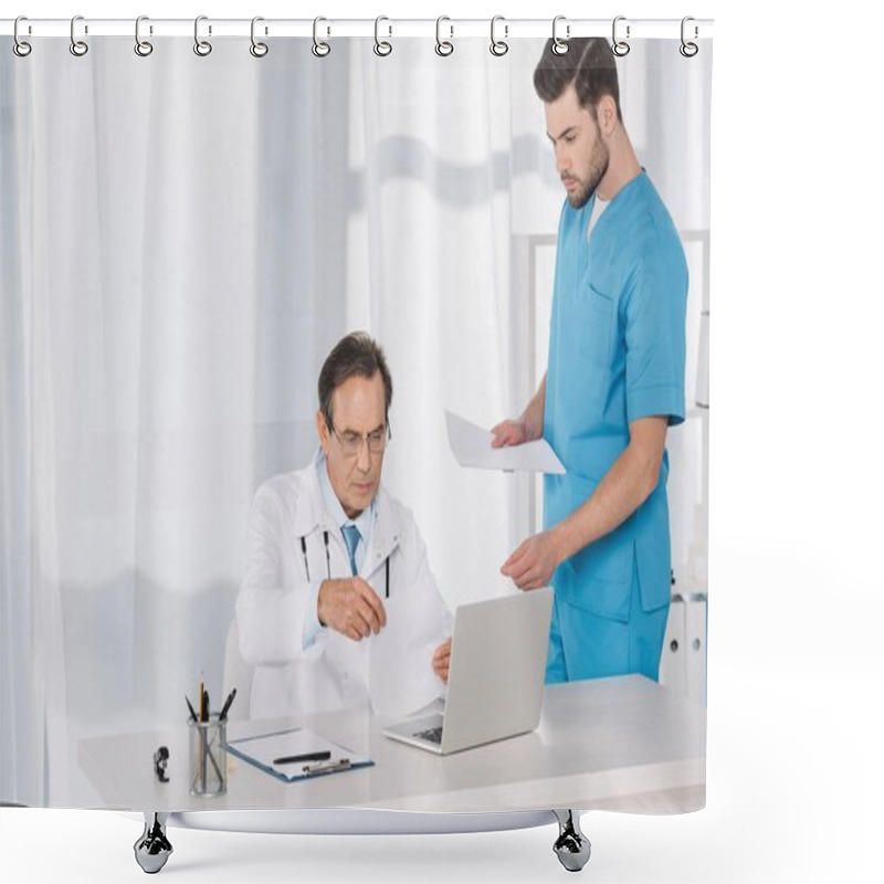 Personality  Doctor Reading Documents And Giving Them To Nurse Shower Curtains