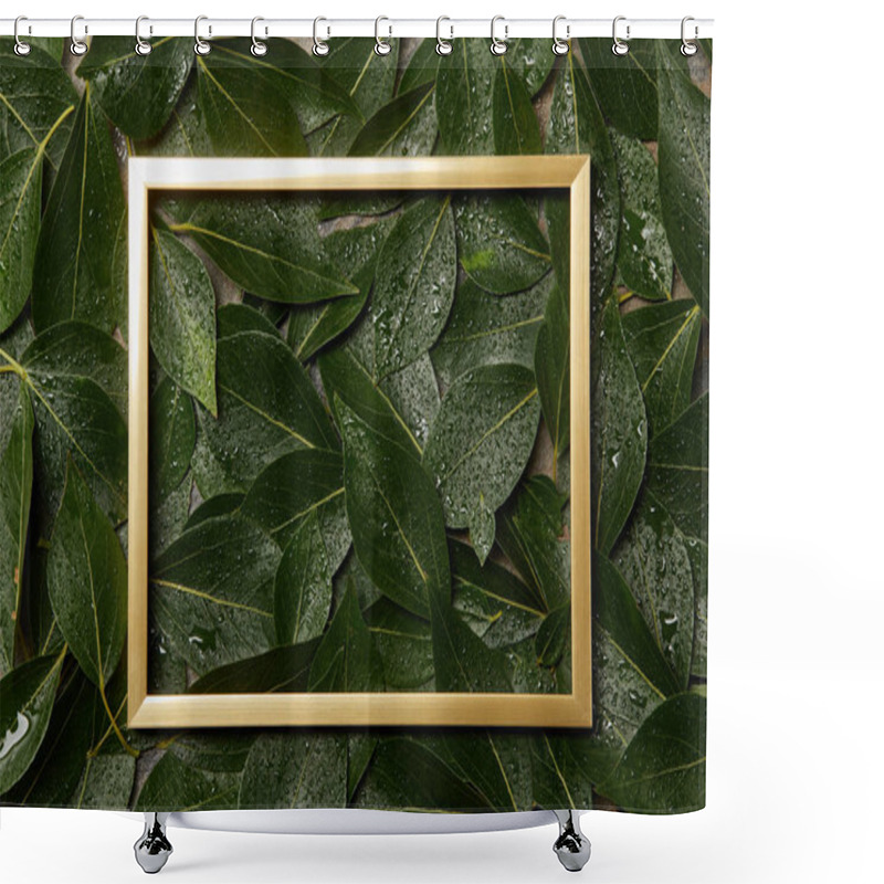 Personality  Empty Golden Frame On Green Wet Foliage Background With Copy Space Shower Curtains