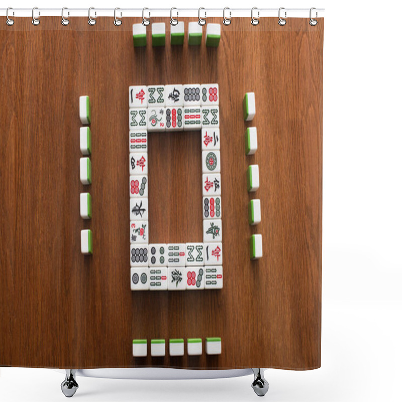 Personality  KYIV, UKRAINE - JANUARY 30, 2019: Top View Of Square Frame Made Of Mahjong Game Tiles On Wooden Table Shower Curtains