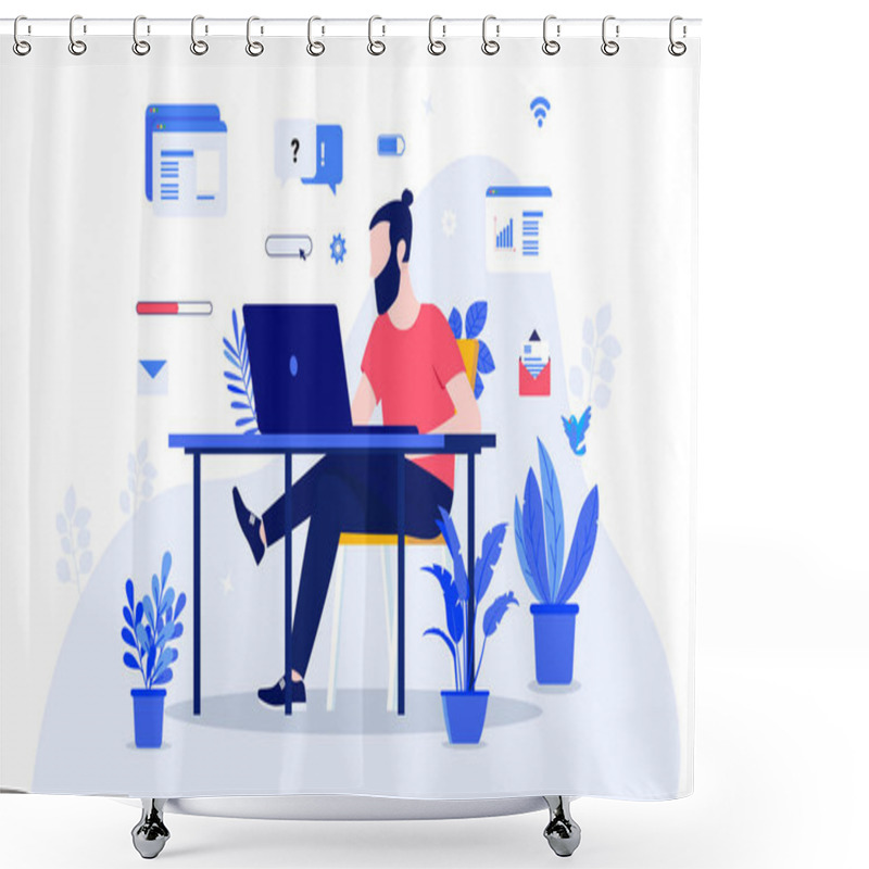 Personality  Work Online - Man Working On Laptop Computer With Various Elements Symbolising Browsing, Communication, Analysing And Technology. Efficient Worker Concept. Modern Vector Illustration. Shower Curtains