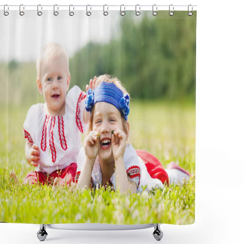 Personality  Children In  Folk Clothes On Grass  Shower Curtains