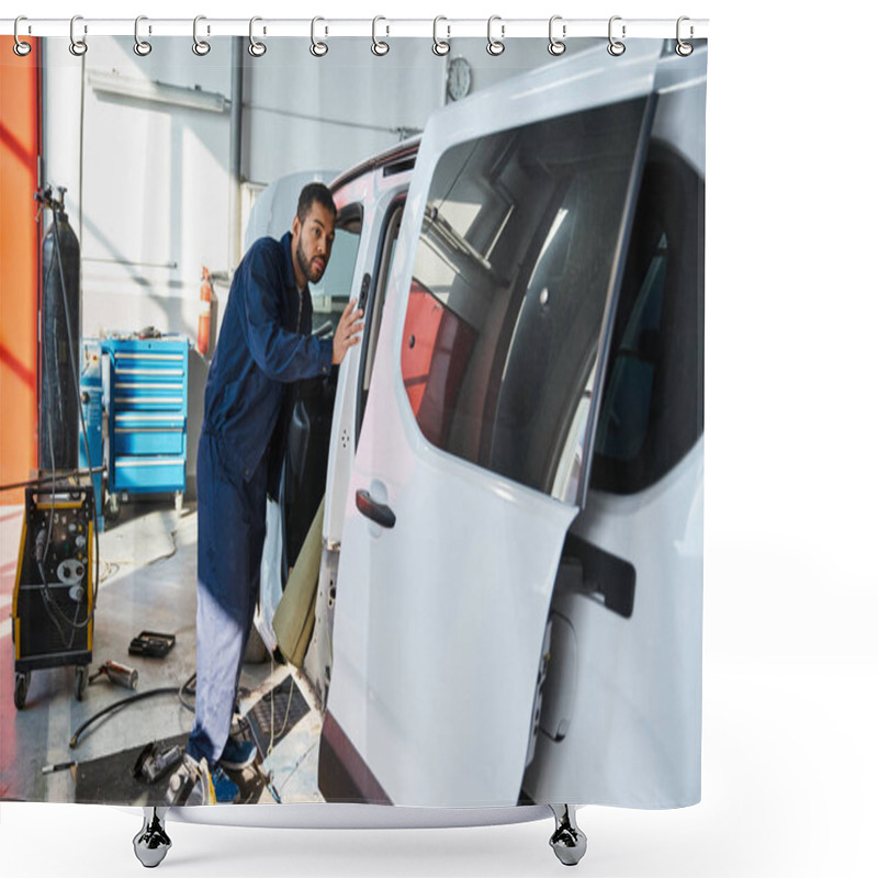 Personality  Young Mechanic Inspects A Van While Sunlight Streams Through The Workshop Windows Shower Curtains