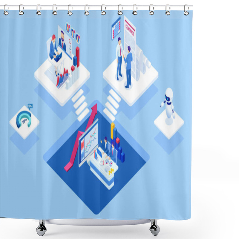 Personality  Isometric Concept Of Business Analysis, Analytics, Research, Strategy Statistic, Planning, Marketing, Study Of Performance Indicators. Investment In Securities, Smart Investment, Strategic Management Shower Curtains