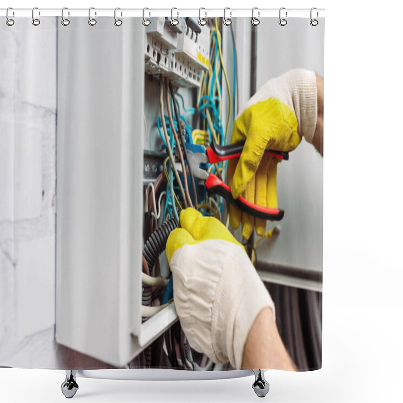 Personality  Cropped View Of Workman In Gloves Holding Pliers While Fixing Electrical Distribution Box Shower Curtains