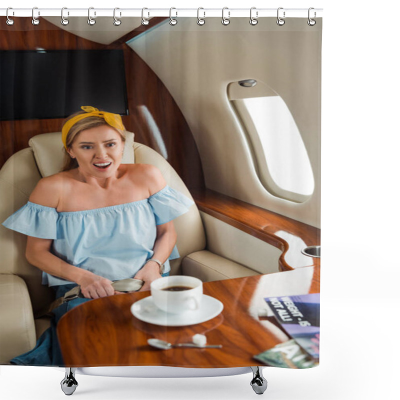 Personality  Selective Focus Of Woman With Fear Of Flight In Private Plane  Shower Curtains