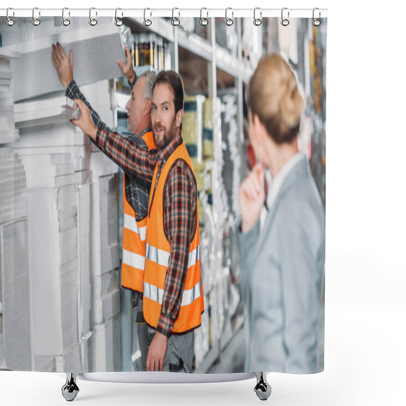 Personality  Workers With Styrofoam, Inspector Standing On On Foreground In Storehouse Shower Curtains