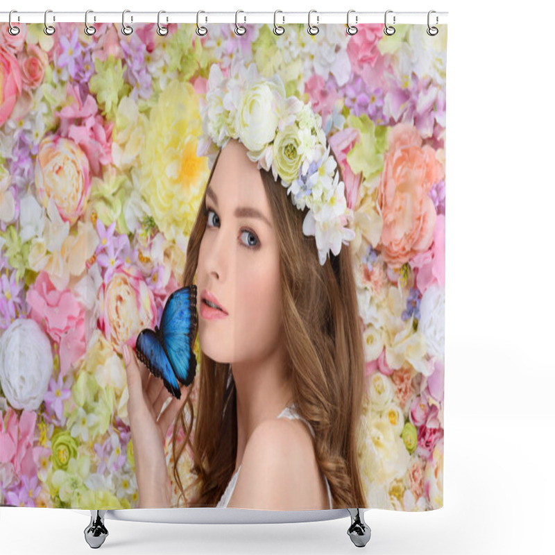 Personality  Beautiful Young Woman In Floral Wreath With Butterfly On Hand Shower Curtains