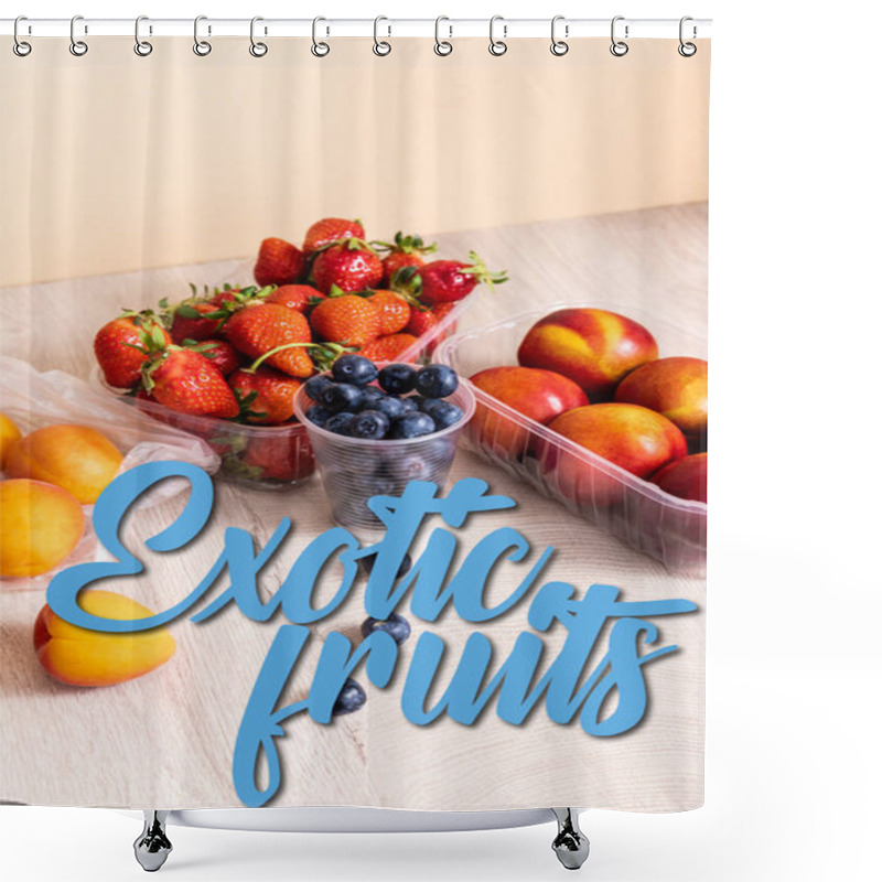 Personality  Blueberries, Strawberries, Nectarines And Peaches In Plastic Containers Near Exotic Fruits Lettering On Beige Shower Curtains