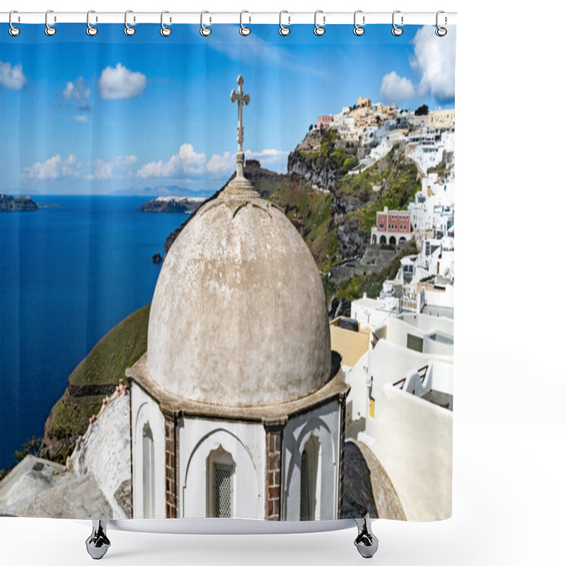 Personality  Sunlight On Church Near White Houses And Tranquil Aegean Sea In Santorini Island  Shower Curtains