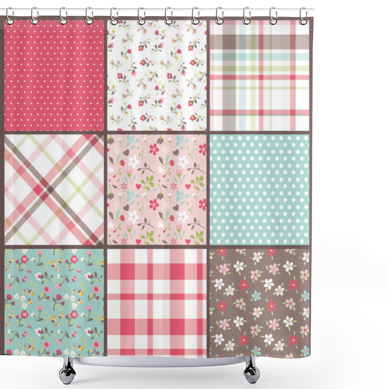 Personality  Set Of Nine Orated Seamless Cute Tiny Floral,flowers With Check And Dots Texture Vector Background Shower Curtains