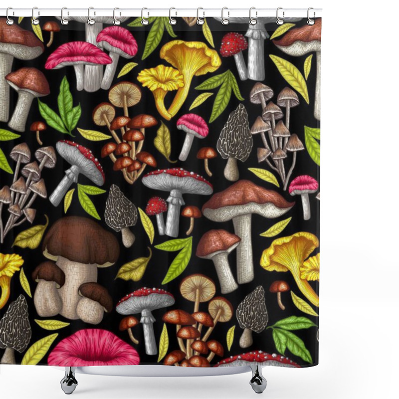 Personality   Seamless Vector Pattern Of Mushrooms And Leaves In The Style Of Engraving. Graphic Linear Fly Agaric, Chanterelles, Porcini Mushrooms, Honey Agarics, Morels, Mycena, Russula, Boletus Shower Curtains