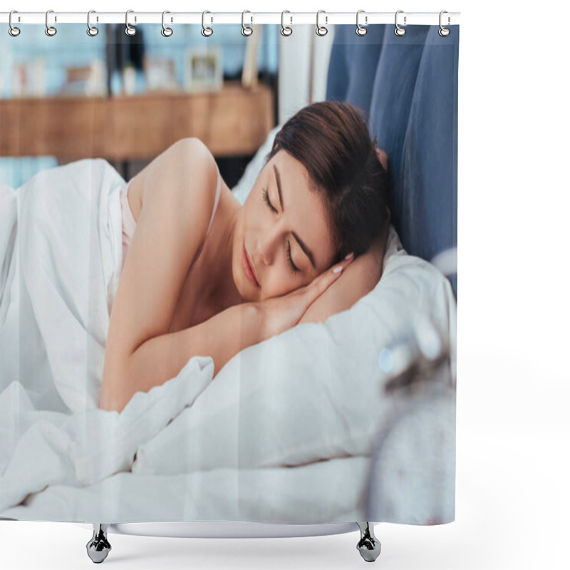 Personality  Selective Focus Of Young Beautiful Woman Sleeping In Her Bed During Morning Time At Home Shower Curtains