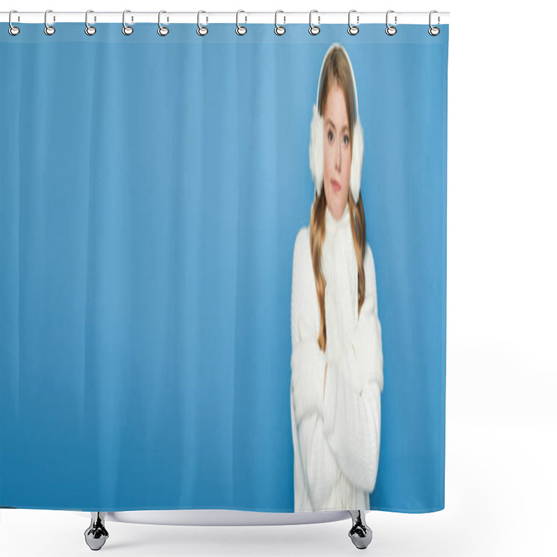 Personality  Beautiful Woman In Winter White Outfit Feeling Cold Isolated On Blue, Banner Shower Curtains