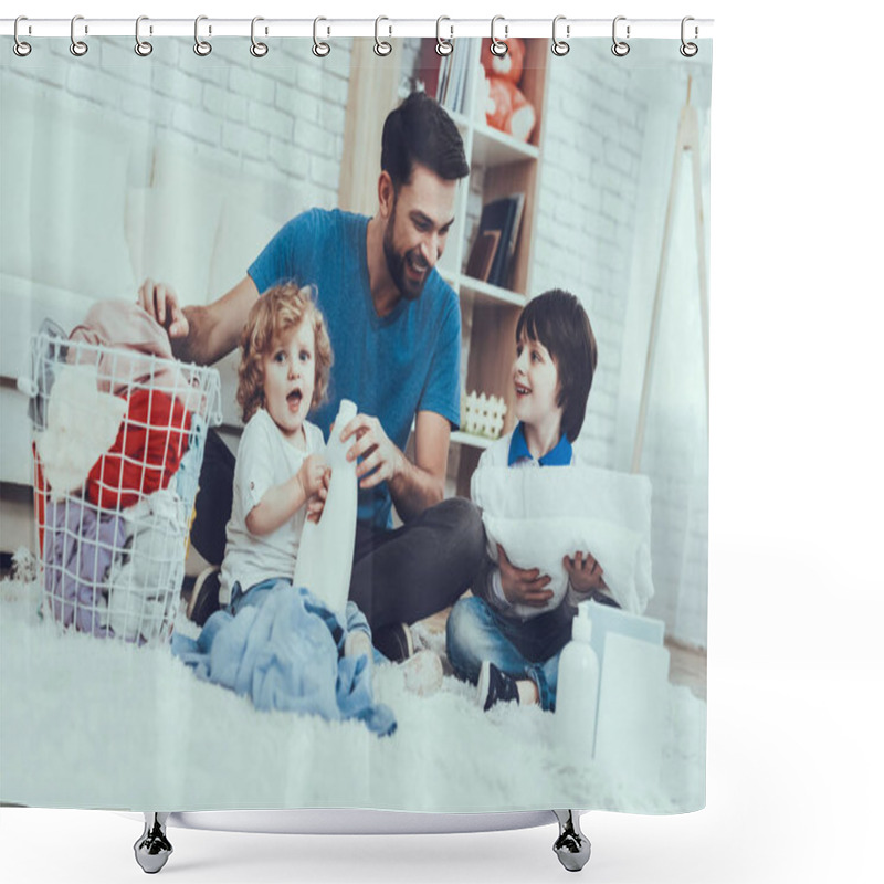 Personality  Happy Together. Two Boys. Help Wash Clothes. Father. Baby With Bright Hair. Smiling Kids. Spends Time. Leisure Time. Man. Smile. Home Time. Family. Holidays. Father Two Boys. Dirty Laundry. Basket. Shower Curtains