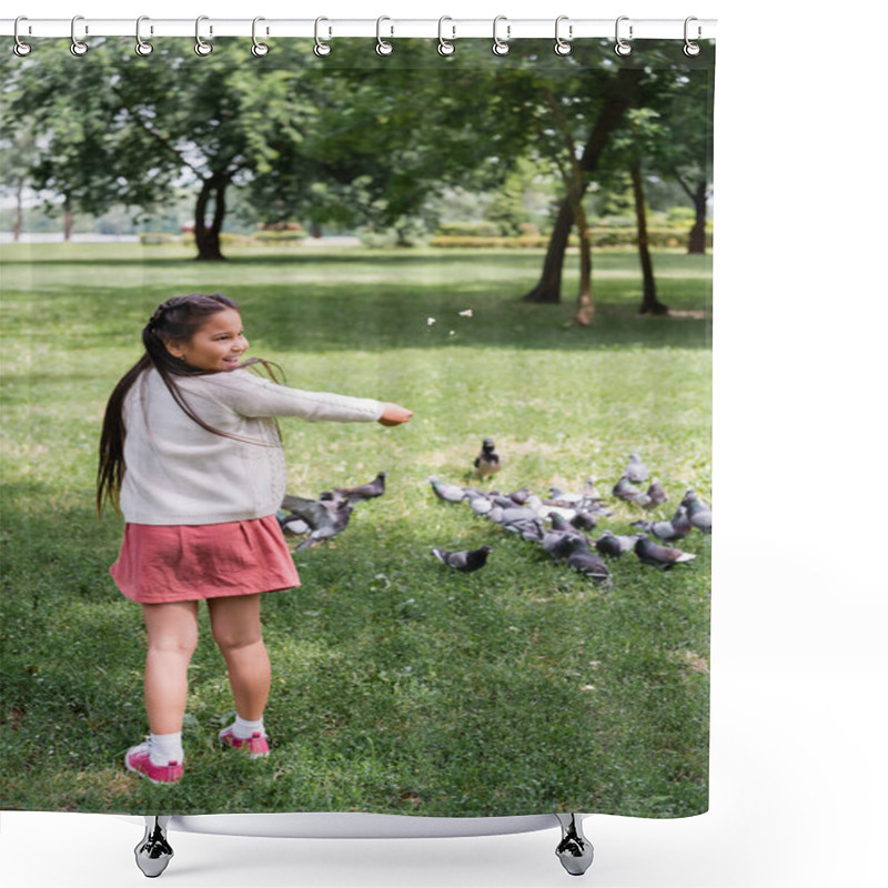 Personality  Cheerful Asian Girl Feeding Blurred Doves In Park  Shower Curtains