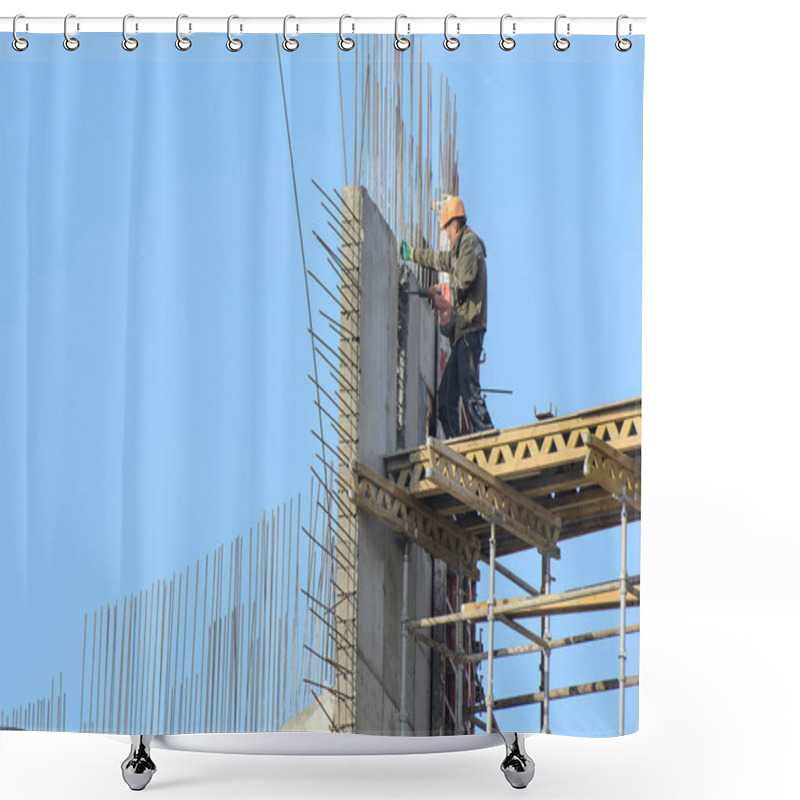 Personality  Installers Against The Blue Sky Collect Metal Structures. Concept - Work At Heights, The Collection Of Metal Structures Shower Curtains