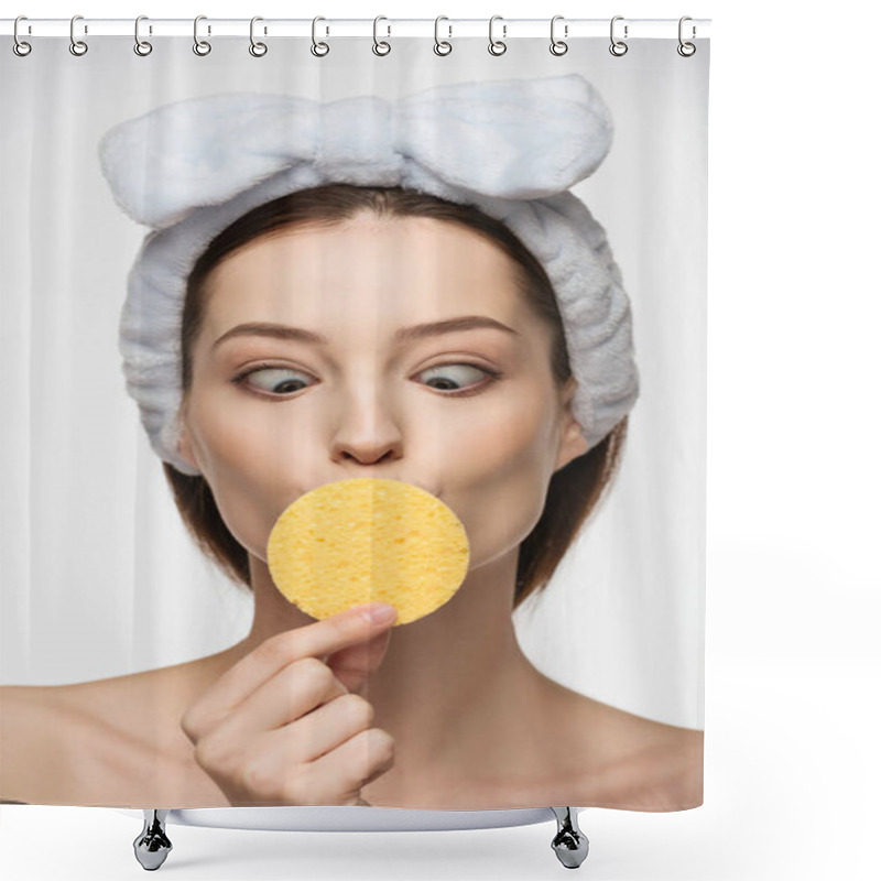 Personality  Young Woman Squinting While Looking At Cosmetic Sponge Isolated On White Shower Curtains