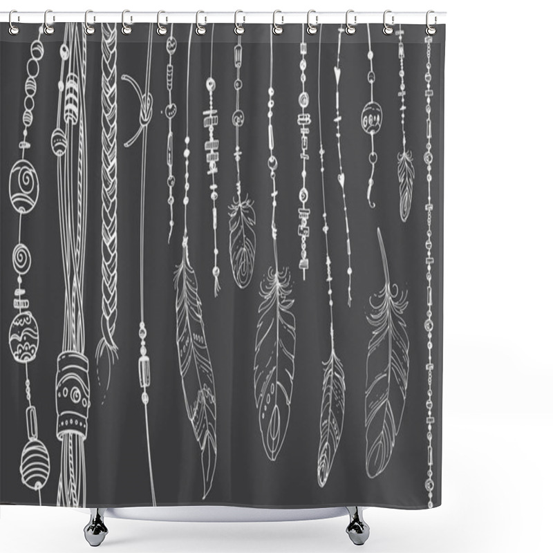 Personality  Dreamcatcher Hippie Decoration Tattoo Vector Line. Boho Style, Beads And Feathers. Illustration Art Shower Curtains