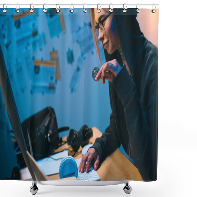 Personality  Side View Of Young Female Hacker Holding Bitcoin Shower Curtains