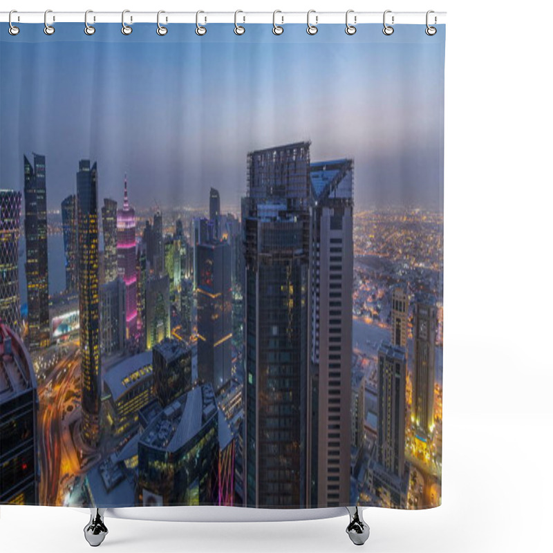 Personality  Skyline Of The West Bay Area From Top In Doha Day To Night Transition Timelapse, Qatar. Illuminated Modern Skyscrapers Aerial View From Rooftop Atevening After Sunset. Traffic On The Road Shower Curtains