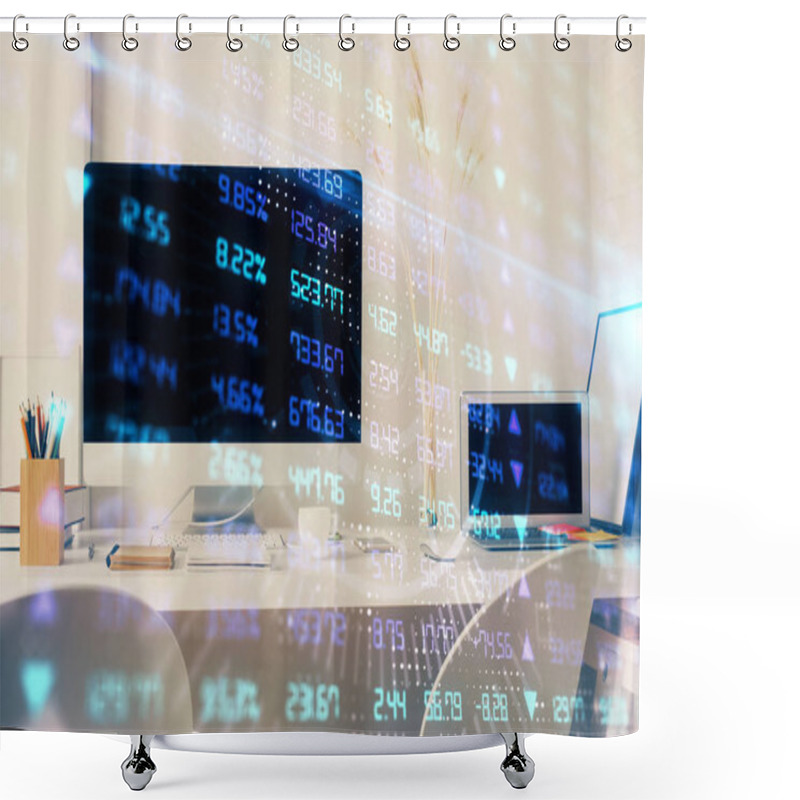 Personality  Forex Market Graph Hologram And Personal Computer On Background. Multi Exposure. Concept Of Investment. Shower Curtains