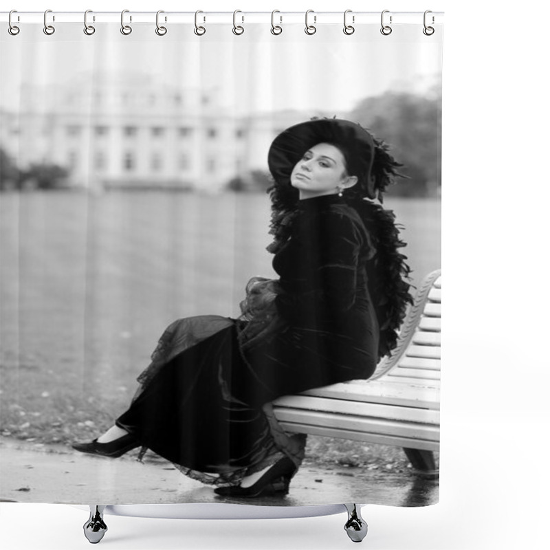 Personality  Beautiful Aristocratic Woman Near Palace In Black Dress With Cap Shower Curtains