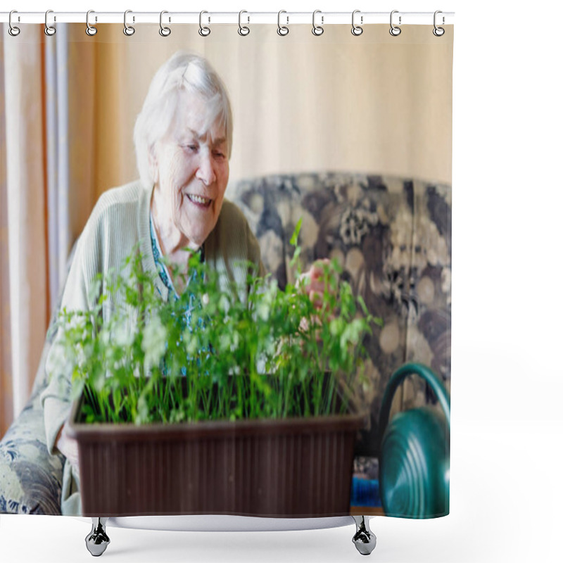 Personality  Senior Woman Of 90 Years Watering Parsley Plants With Water Can At Home Shower Curtains