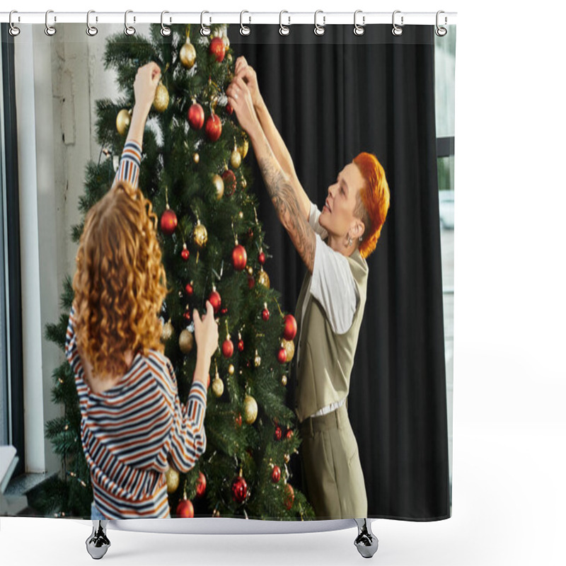 Personality  Two Coworkers Happily Adorn A Festive Christmas Tree While Celebrating The Holiday Spirit. Shower Curtains