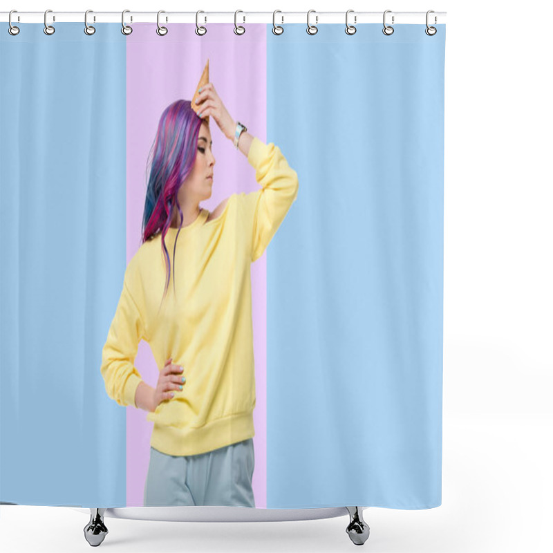 Personality  Young Woman Pretending Unicorn With Waffle Cone On Forehead On Creative Background Shower Curtains