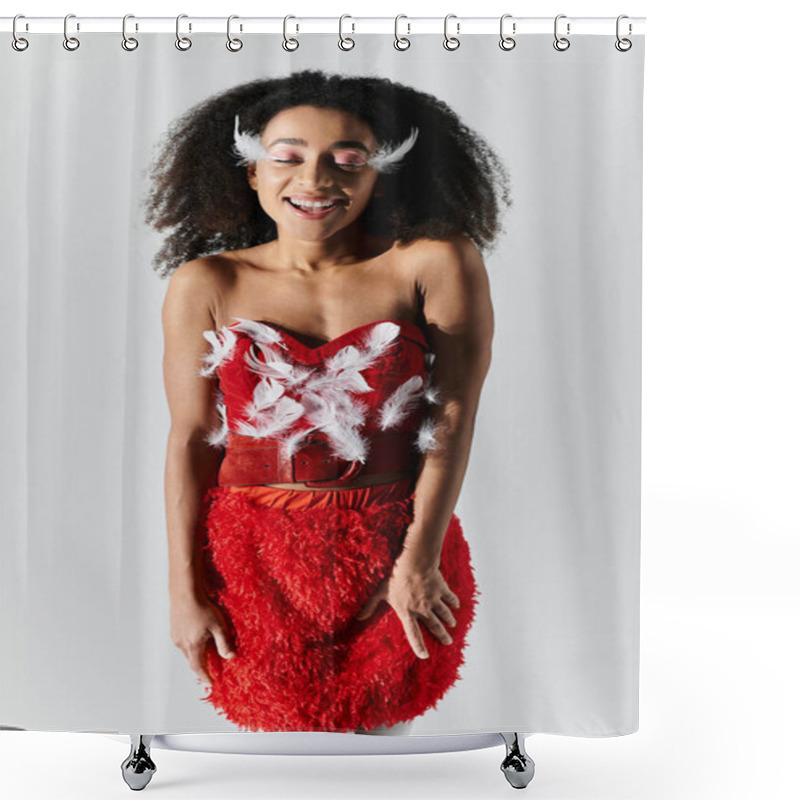 Personality  A Spirited Young Woman Beams In A Striking Red Outfit Adorned With Fluffy Feathers. Shower Curtains