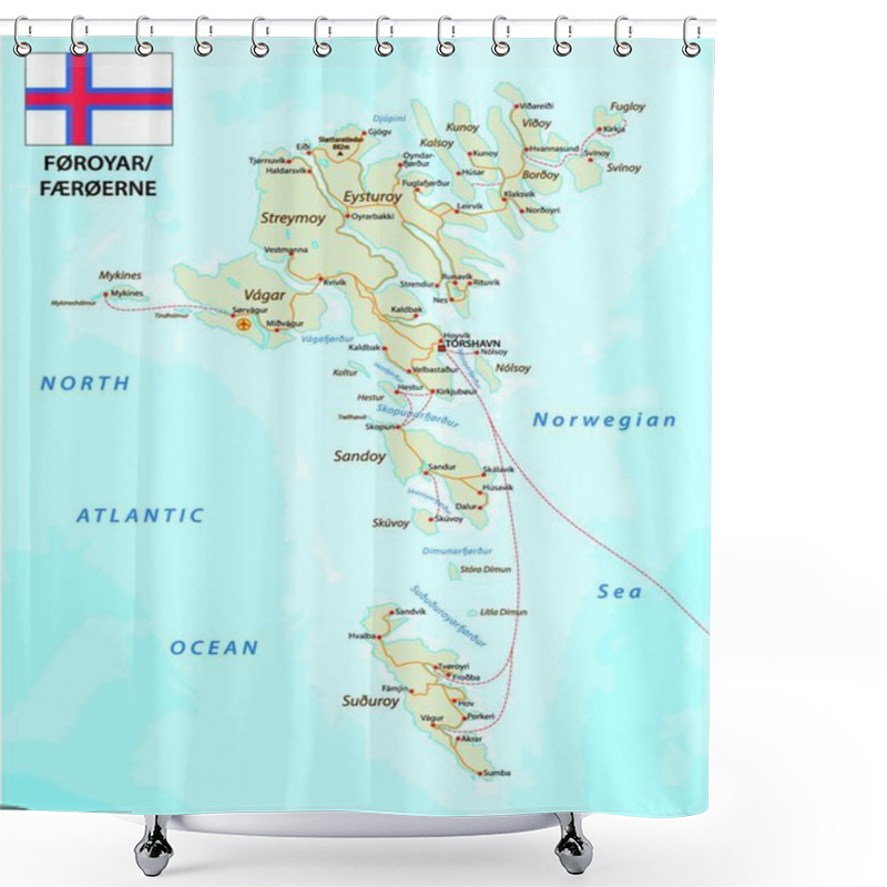 Personality  Road Map Of The Faroe Islands North Atlantic Archipelago With Flag, Denmark Shower Curtains