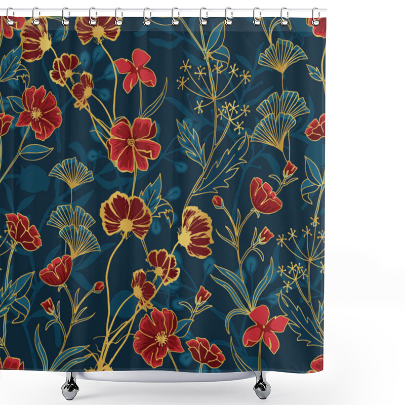 Personality  Ornamental Red, Blue And Gold Botanical Vector Seamless Pattern Shower Curtains