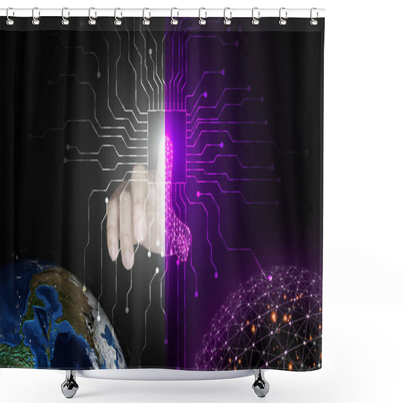 Personality  Digital Twins Concept. A Half Real Half Digital Finger Starts Or Activates Both The Physical And Digital Worlds With A Single Push. Business And Technology Simulation Modeling Shower Curtains