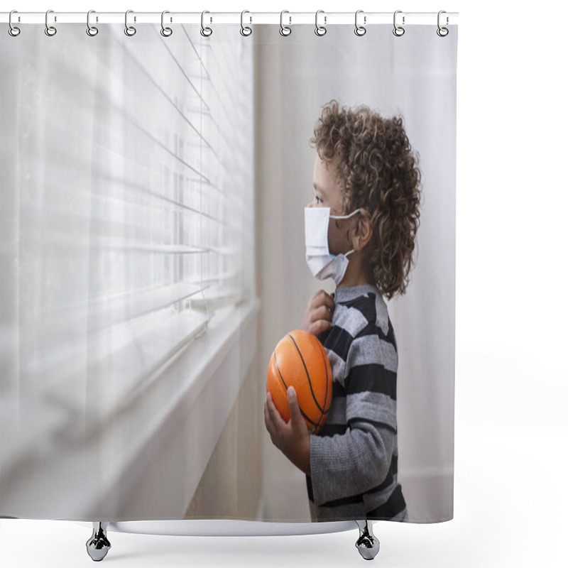 Personality  A Young Boy Looking Out The Window Wearing A Protective Facemark While Seeking Protection From COVID-19, Or The Novel Coronavirus, By Sheltering In Place In His Home. Shower Curtains