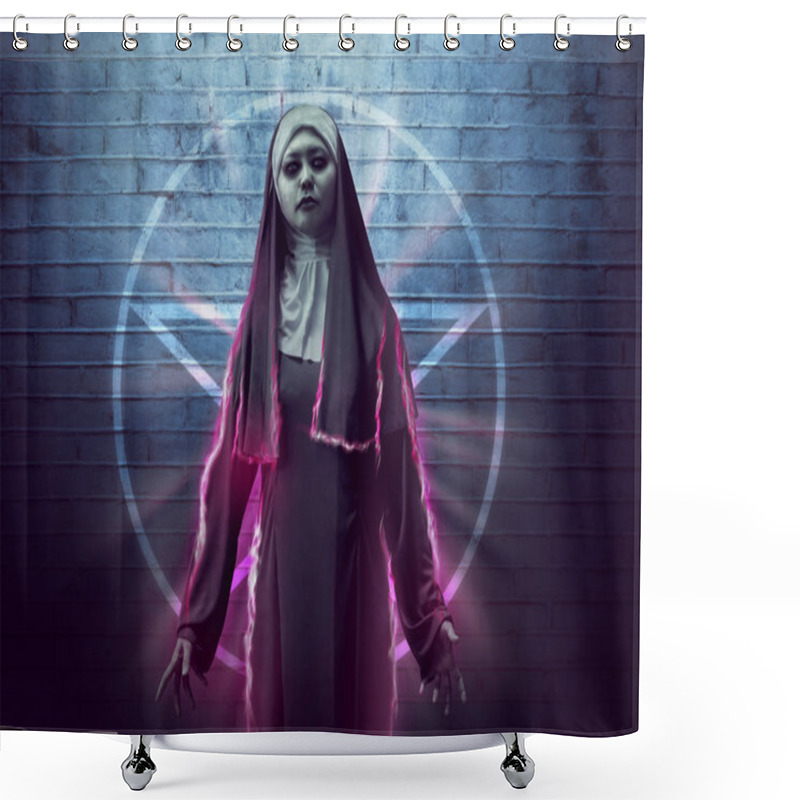 Personality  Scary Asian Nun Showing Spell Power Shower Curtains