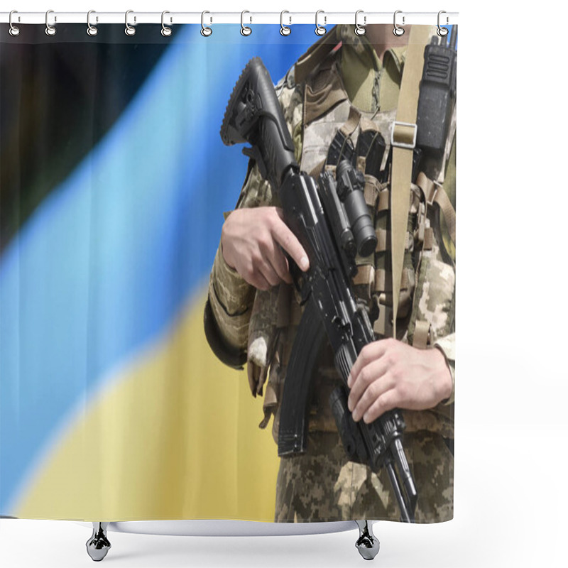 Personality  Soldier With Assault Rifle And Flag Of Ukraine. Ukrainian Soldier With Assault Rifle AK. Shower Curtains